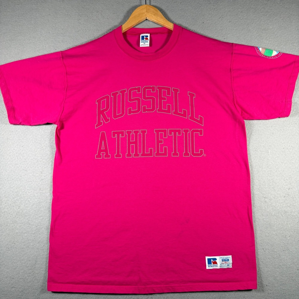 Vintage Russell Athletic T-Shirt Mens XL Pink Graphic Made in USA 1992 Sparks NV